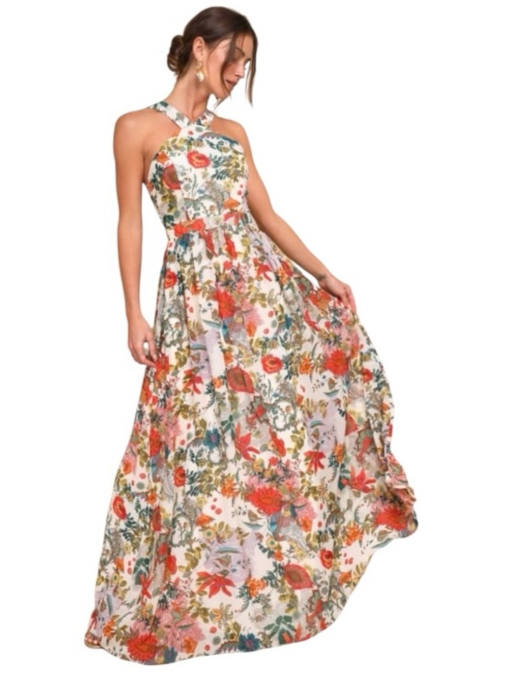 Lulus Lilja Cream Floral Halter Maxi Dress Size L NWT Wedding Guest Boho Summer